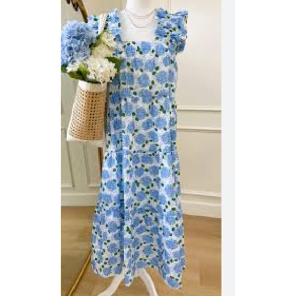 Nanducket Dresses & Skirts - Nanducket Blue Hydrangea Floral Smocked Tiered Cotton Maxi Dress XS Garden Party